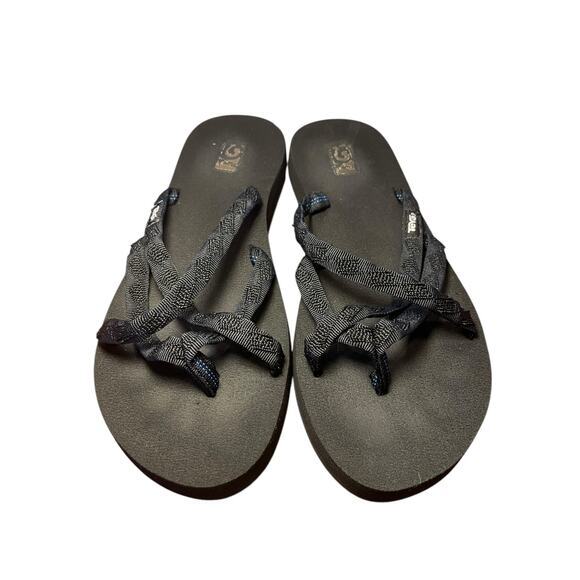 Teva Women 9 Black Thin Strap Canvas Sandals Mush Olowahu Slip-On Foam Flip Flop - Picture 3 of 10